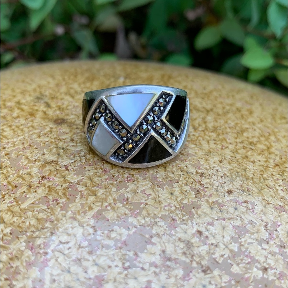 Vintage Mother of Pearl, Black Onyx, and Marcasite Ring